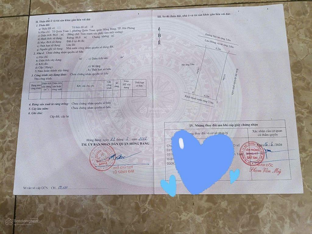 Bán đất phân lô quán toan hồng bàng, 86,8m2 mặt tiền 6,2m
