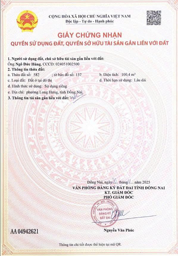 Bán đất biên hòa, 1,8 tỷ, 100m2, sổ hồng sẵn