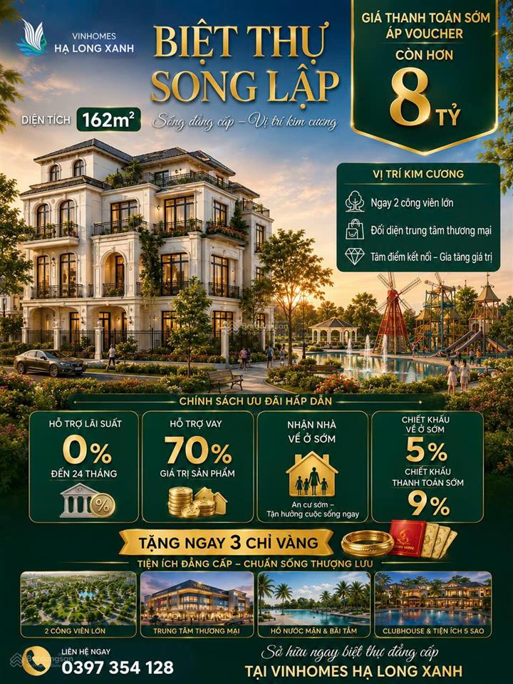 Bán biệt thự vin hạ long xanh xuất ngoại giao, 162m2 giá chỉ hơn 8 tỷ, view 2 công viên lớn