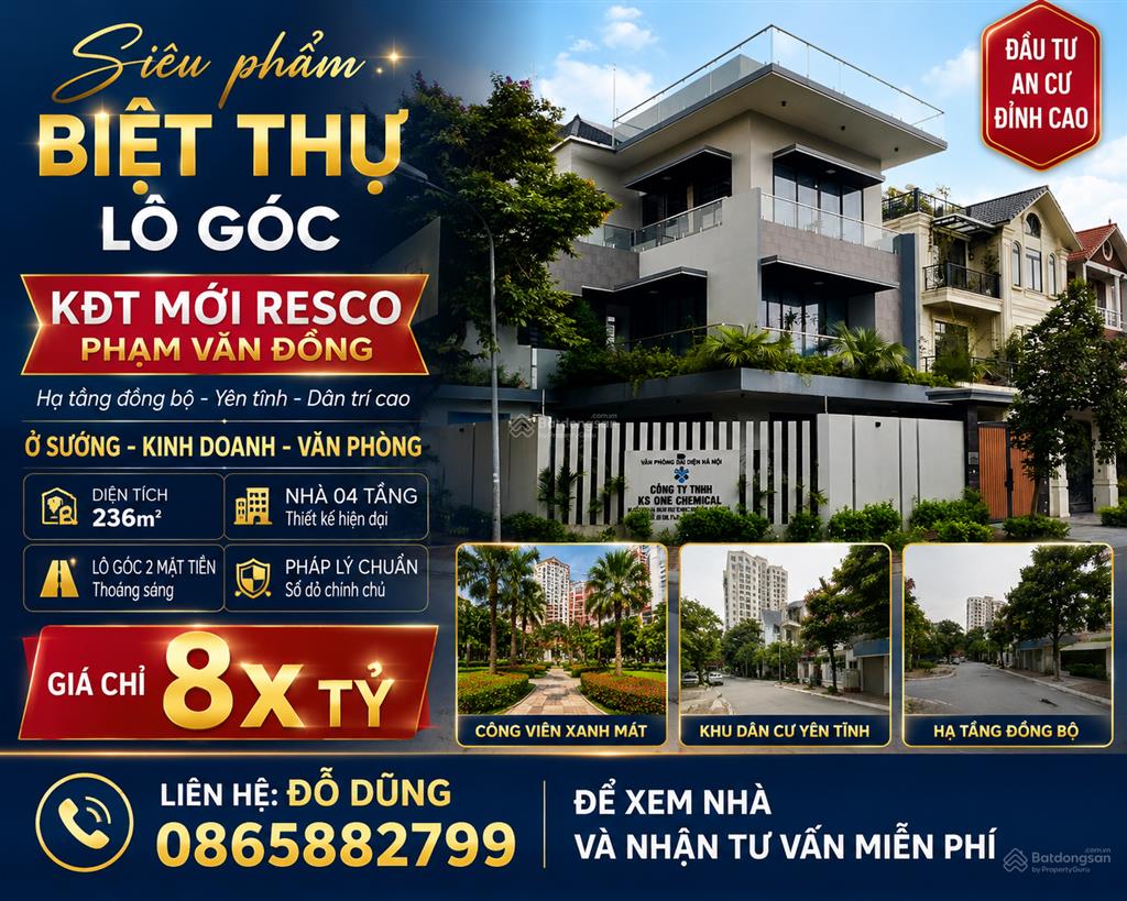 Bán siêu phẩm biệt thự lô góc dự án kđt mới resco phạm văn đồng, hà nội, hạ tầng đồng bộ, ở sướng.