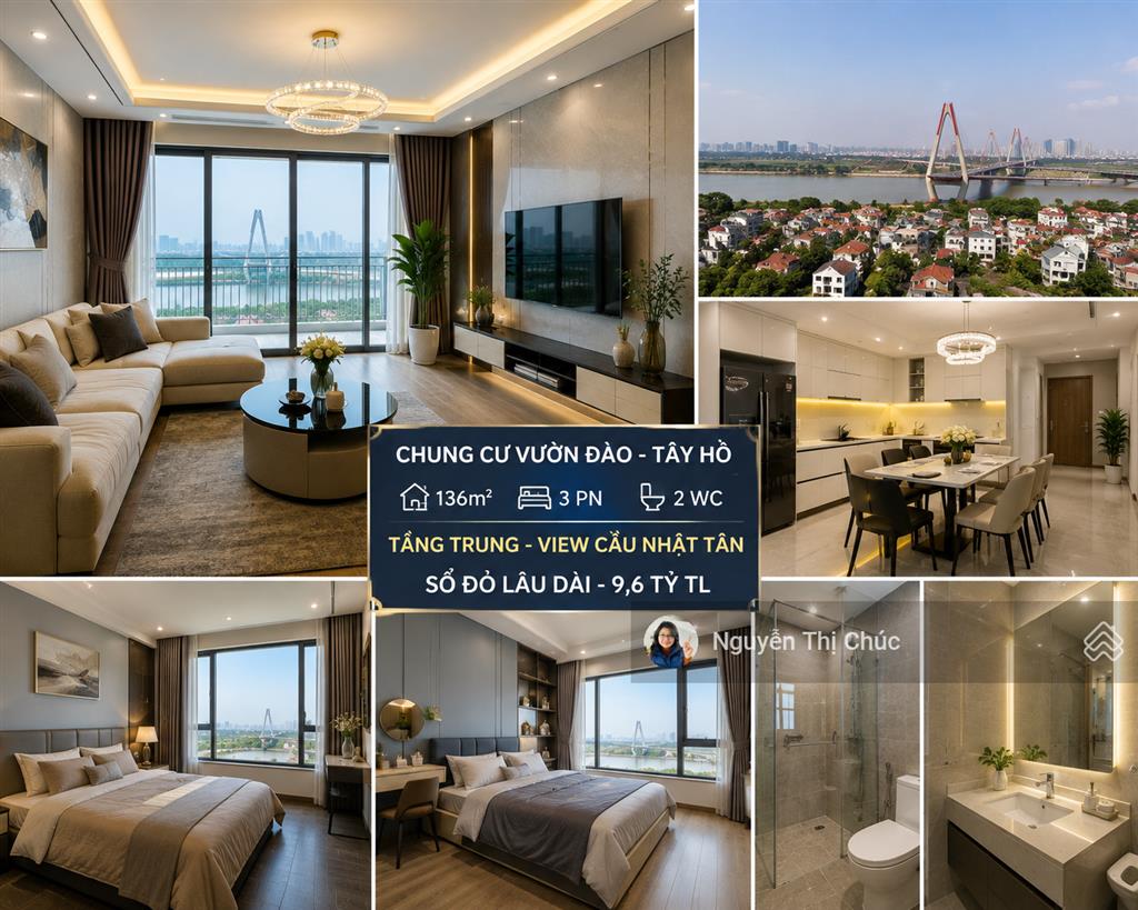 Căn hộ vườn đào tây hồ, 136m, 3pn, tầng trung, view cầu nhật tân, full nội thất, sổ lâu dài, 9,6 tỷ