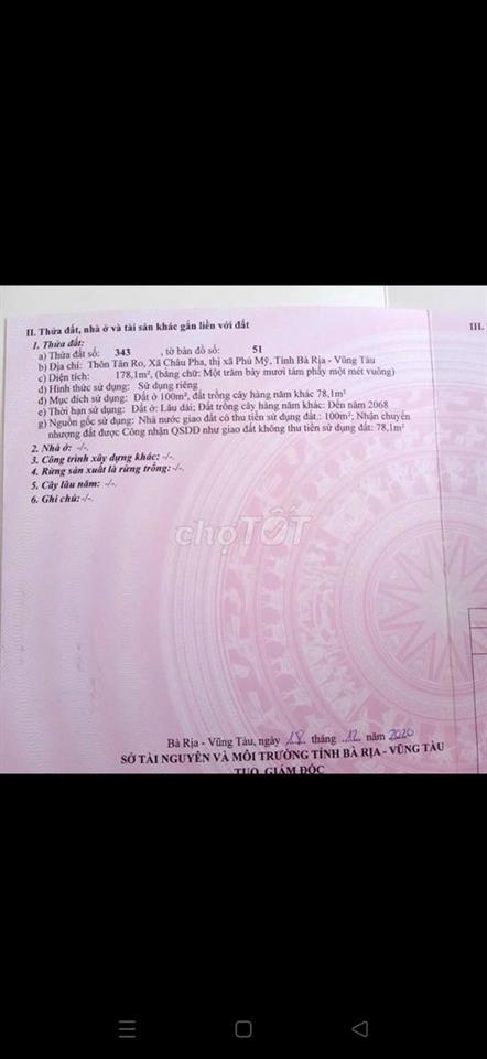 Cần bán gấp lô đất 178m có 100m thổ cư, giá 1,2 tỷ.