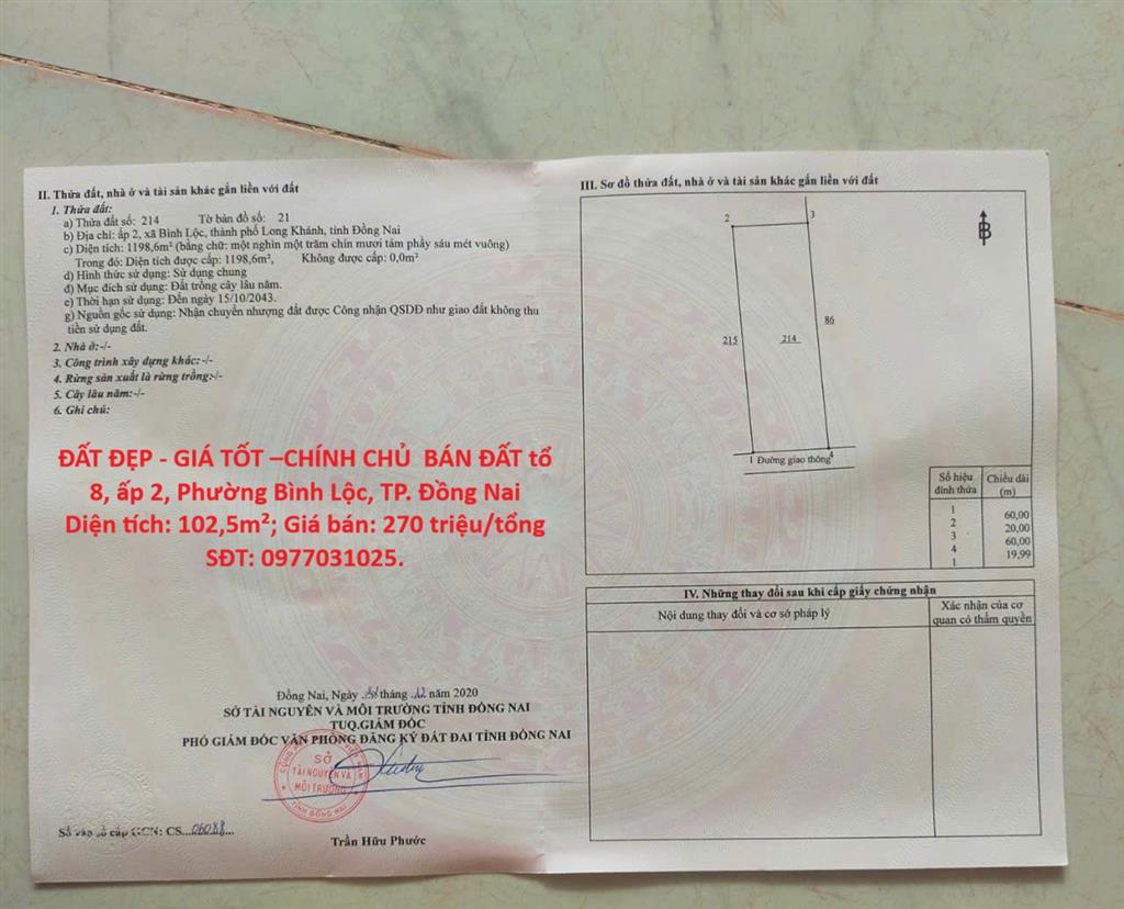 ĐẤT ĐẸP - GIÁ TỐT –CHÍNH CHỦ BÁN ĐẤT tổ 8, ấp 2, Phường Bình Lộc, TP. Đồng Nai