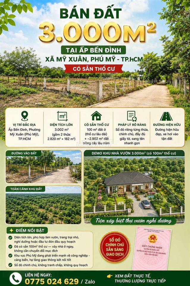 🌿 BÁN ĐẤT 3.000M² TẠI ẤP BẾN ĐÌNH, XÃ MỸ XUÂN, PHÚ MỸ - CÓ SẴN THỔ CƯ