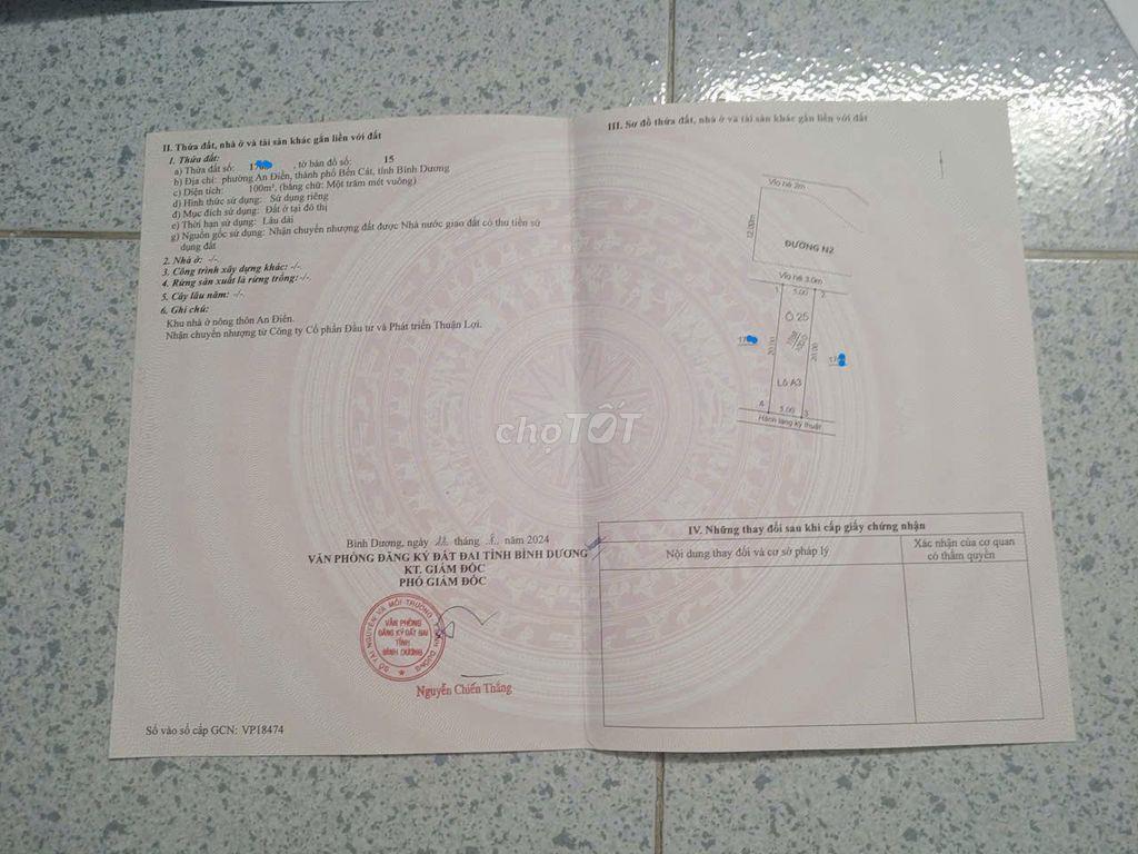 An Điền- Bán lô đất 100m2, full thổ cư, sổ sẵn giá chỉ  950triệu