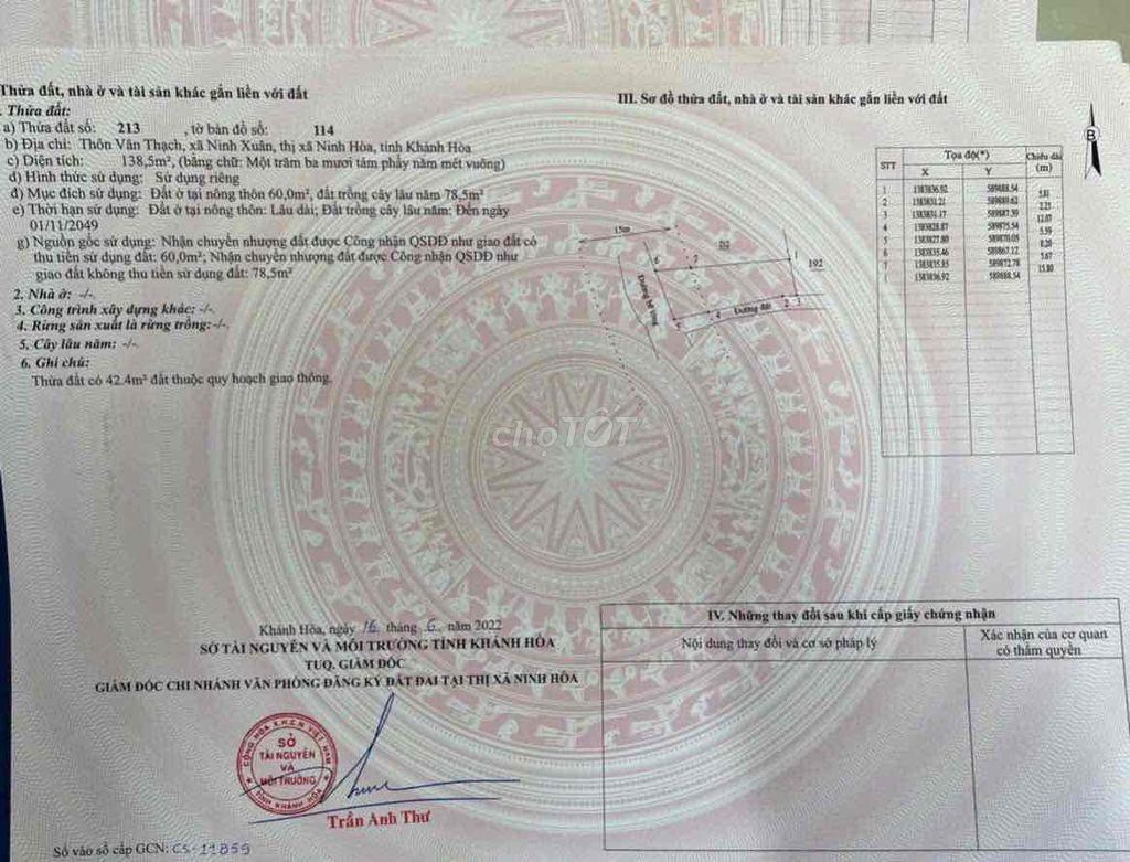 CHÍNH CHỦ CẦN BÁN NHANH ĐẤT NINH XUÂN - Khu Công Nghiệp Ninh Xuân