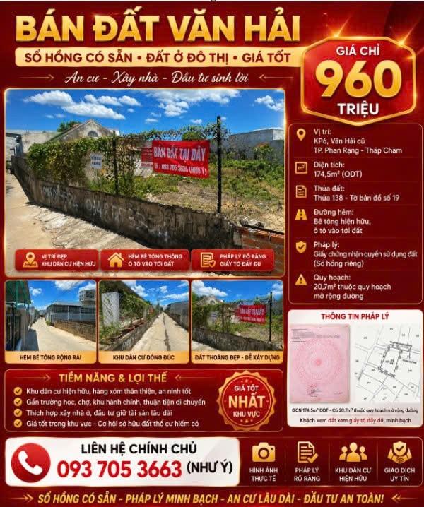 DƯỚI 1 TỶ SỞ HỮU 174,5M² ĐẤT ODT Phường VĂN HẢI - Thành Phố Phan Rang- Tháp Chàm– GIÁ