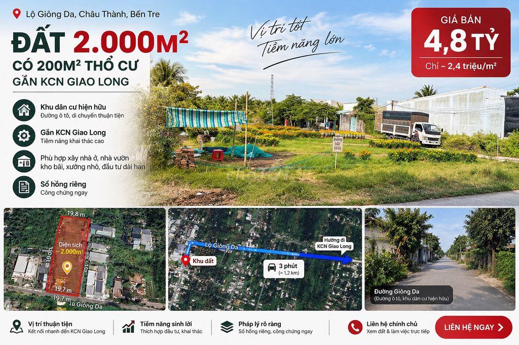 2.000M² GẦN KCN GIAO LONG – 200M² THỔ CƯ – 4,8 TỶ | LỘ GIỒNG DA