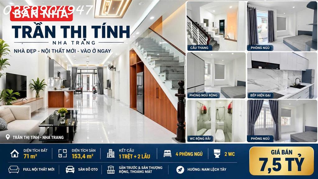 BÁN NHÀ MỚI 3 TẦNG MẶT TIỀN ĐƯỜNG TRẦN THỊ TÍNH NHA TRANG – DIỆN TÍCH SÀN 153,4M² FULL