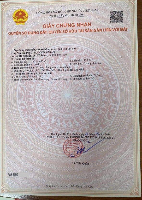ĐẤT THỔ CƯ 143M2. TRƯNG NỮ VƯƠNG. HÓC MÔN