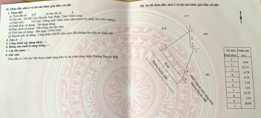 ĐẦU TƯ SINH LỜI - Chính Chủ Bán Lô Đất Mặt Tiền Đường huyện 40B Xã Mỹ Lộc, Tam Bình,