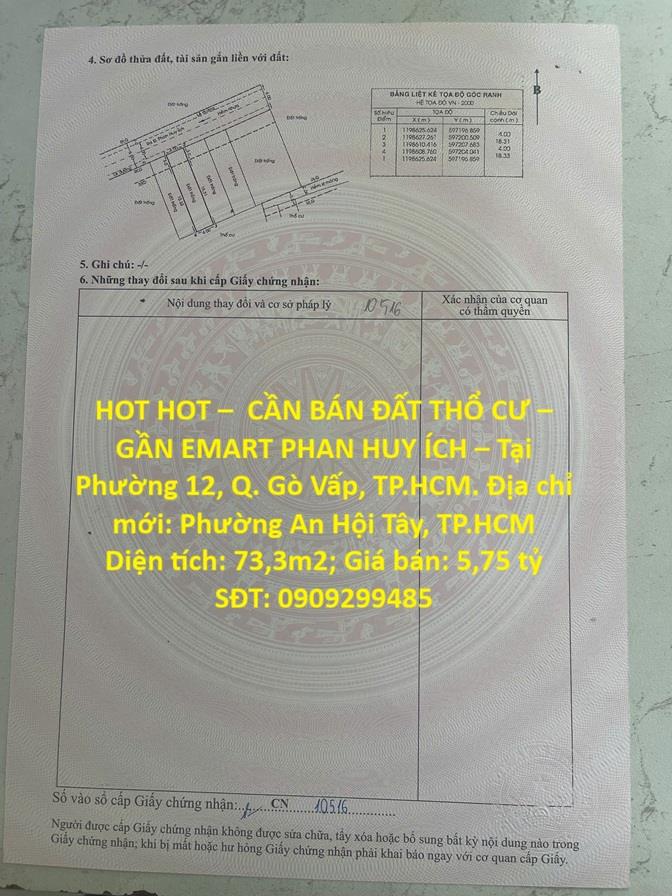 HOT HOT – CẦN BÁN ĐẤT THỔ CƯ – GẦN EMART PHAN HUY ÍCH – Tại Phường 12, Q. Gò Vấp, TP.HCM