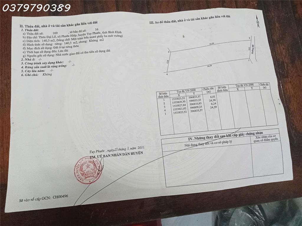 Chính chủ cần bán 140m2 tại Thôn Đại Lễ, Phước Hiệp, Tuy Phước, giá đầu tư