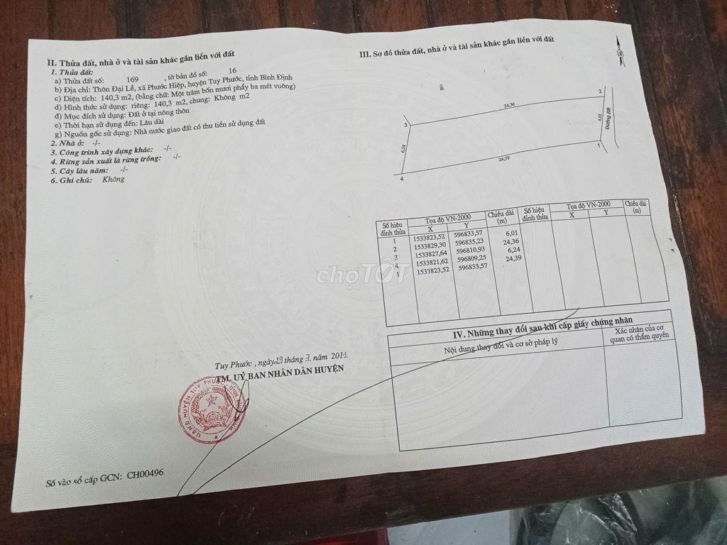 CC cần bán 140m2 tại Thôn Đại Lễ, Phước Hiệp, Tuy Phước, giá đầu tư