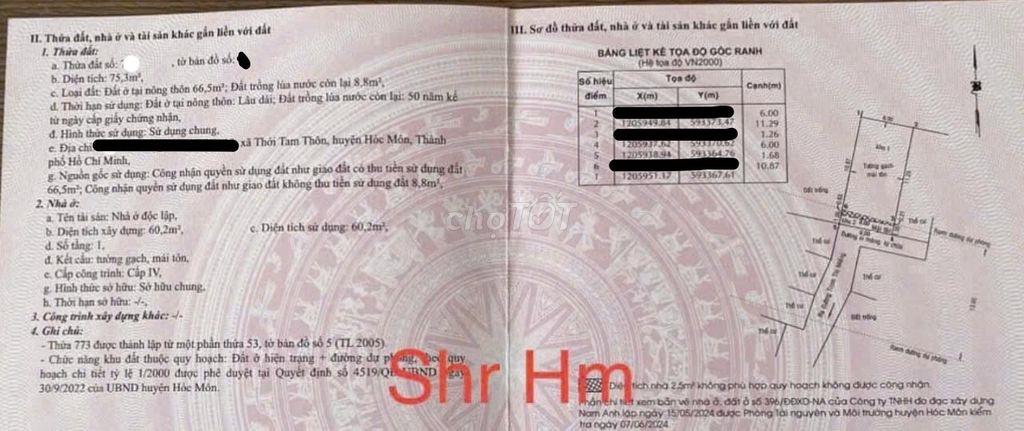 Bán gấp nhà 75m2, 1tỷ35, Nguyễn Thị Ngâu, Hóc Môn, gần chợ Thới Từ