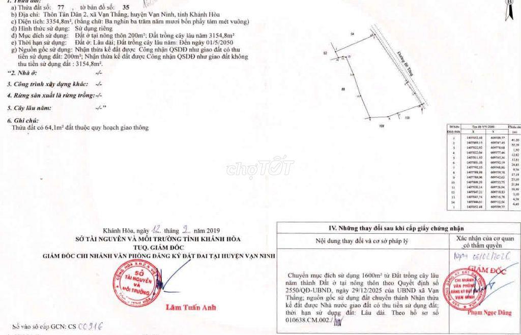 BÁN ĐẤT 3.150M² (1.800M² THỔ CƯ), MẶT TIỀN 82M - KKT VÂN PHONG