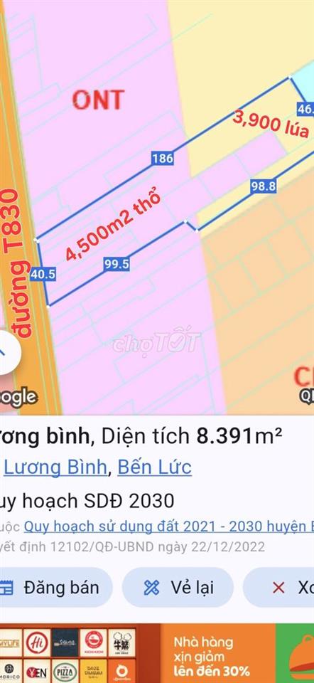 Bán 8.400m2 có 4.500m2 thổ, 2MT đường 830, Lương Bình, Bến Lức, LA