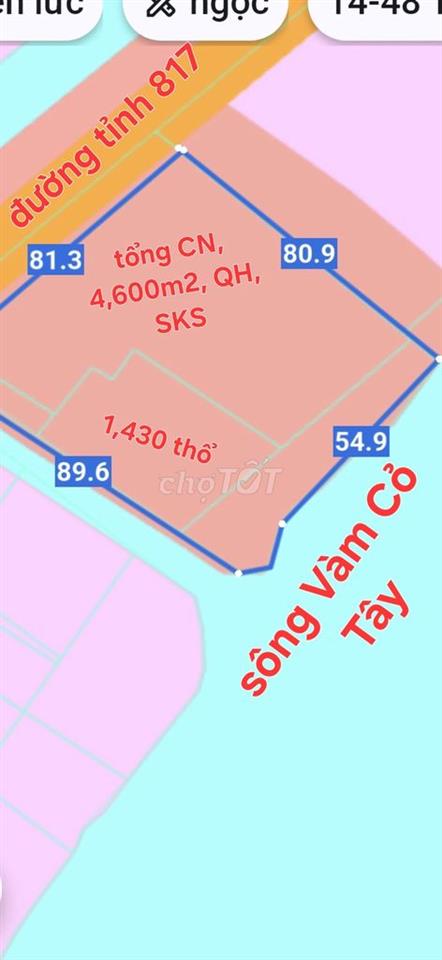 4,600m2 (SKC) có 1,430m2 thổ, 2MT, 1MT 817 và sông V Cỏ Tây, Thạnh Hóa