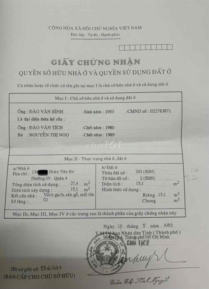 Hẽm 134 một sẹt Đoàn Văn Bơ khu 20 thước q4