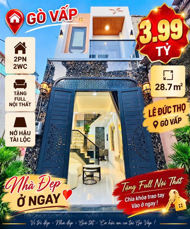 Gò Vấp / 3.99 Ty / 28.7 m2 / 2PN 2WC / Full Nội Thất / Nở Hậu
