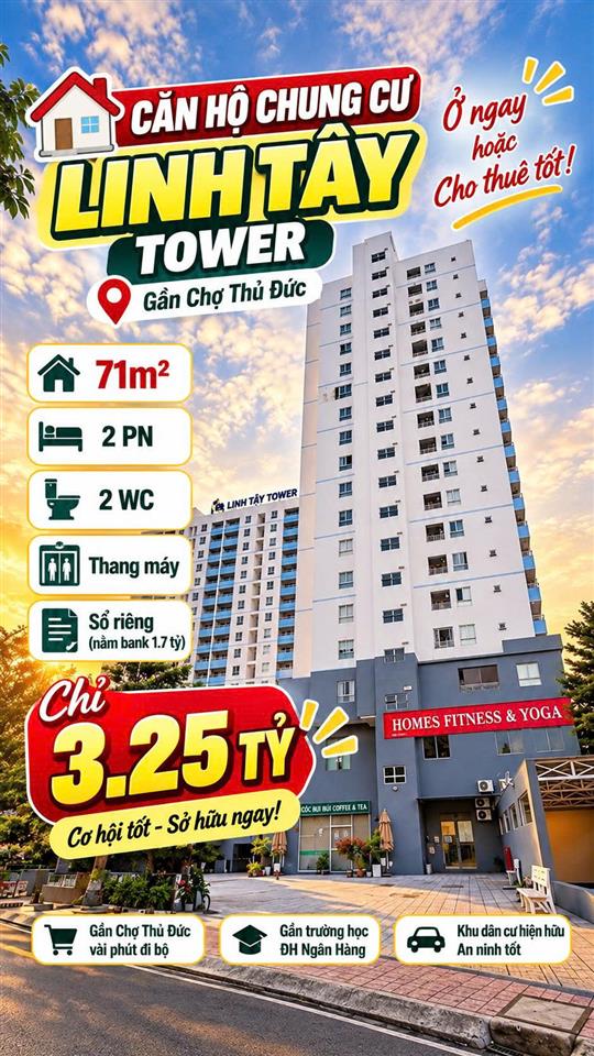 Bán căn hộ Linh Tây Tower gần Chợ Thủ Đức 71m2, 2PN2WC có Sổ chỉ 3.25tỷ