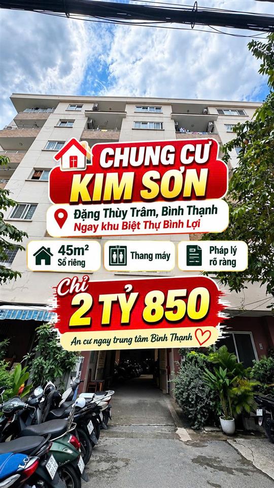 Bán CC Kim Sơn 1, Bình Lợi ,Đặng Thùy Trâm 45m2 có thang máy Sổ riêng 2.85tỷ