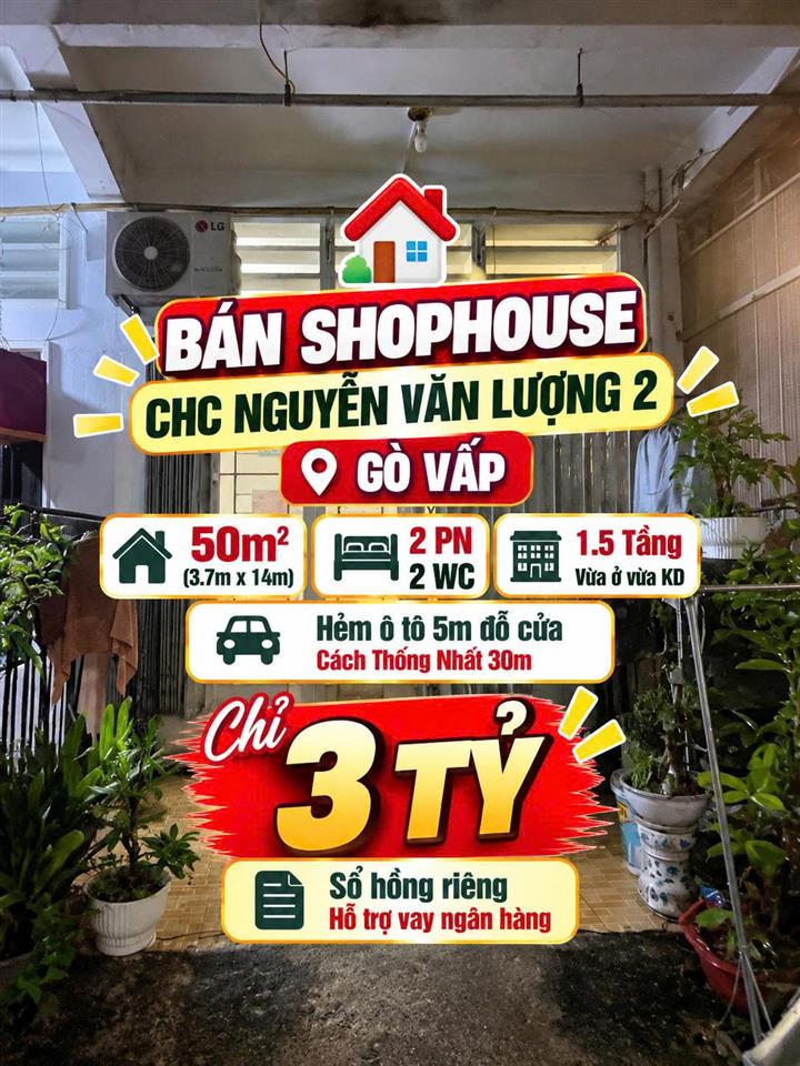 Bán Shophouse trệt CC Nguyễn Văn Lượng 2 ,Gò Vấp 50m2, hẻm 5m chỉ 3tỷ