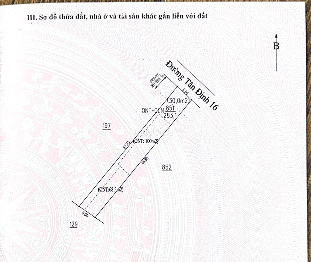 CHÍNH CHỦ BÁN ĐẤT TÂN ĐỊNH 16 (283.1m² – NGANG 6M – THỔ CƯ CAO)
