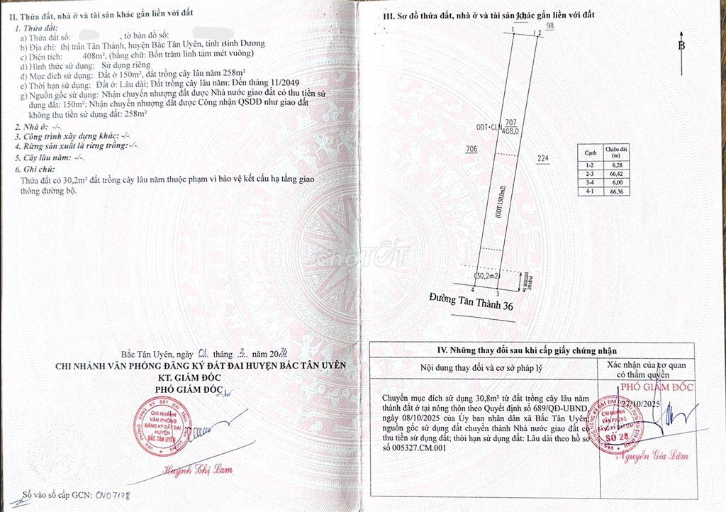 CHÍNH CHỦ BÁN ĐẤT TÂN THÀNH 36 – 408m² – ĐƯỜNG NHỰA ĐẸP