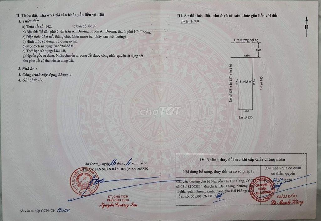 🏡 BÁN ĐẤT PHÂN LÔ – 92.6m2 TỔ 6, P. AN DƯƠNG, HẢI PHÒNG