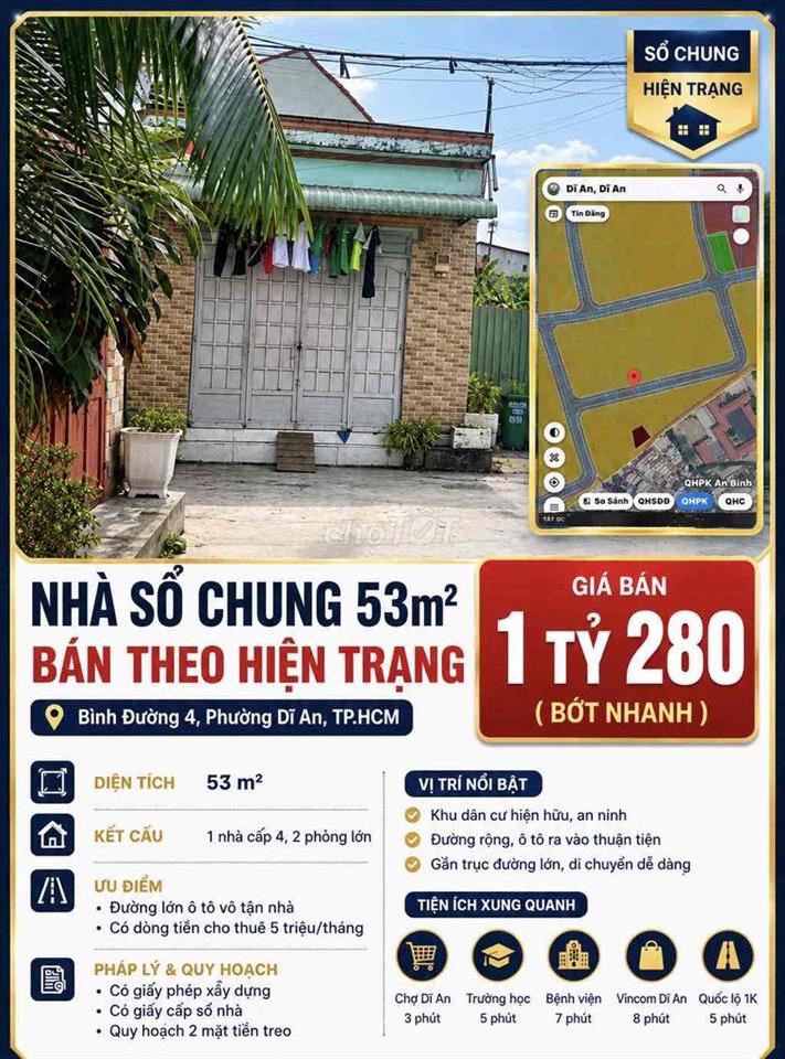 NHÀ SỔ CHUNG 53M² – BÌNH ĐƯỜNG 4, DĨ AN