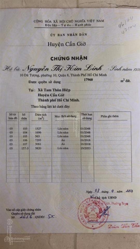 Bán lô đất mt đường đê n6 khu dân cư tam thôn hiệp, xã bình khánh, cần giờ