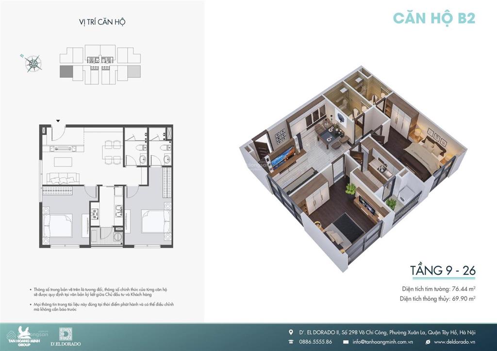 Bán căn hộ view đẹp tại d. el dorado, 7,6 tỷ, 70m2, 2pn, 2wc, phú thượng, tây hồ