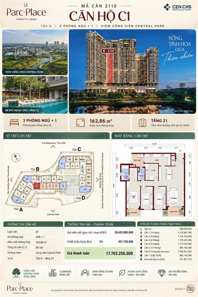 Căn c1 view trực diện hồ công viên trung tâm hoa hậu của kđt park city, giá chỉ 108 triệu/m2