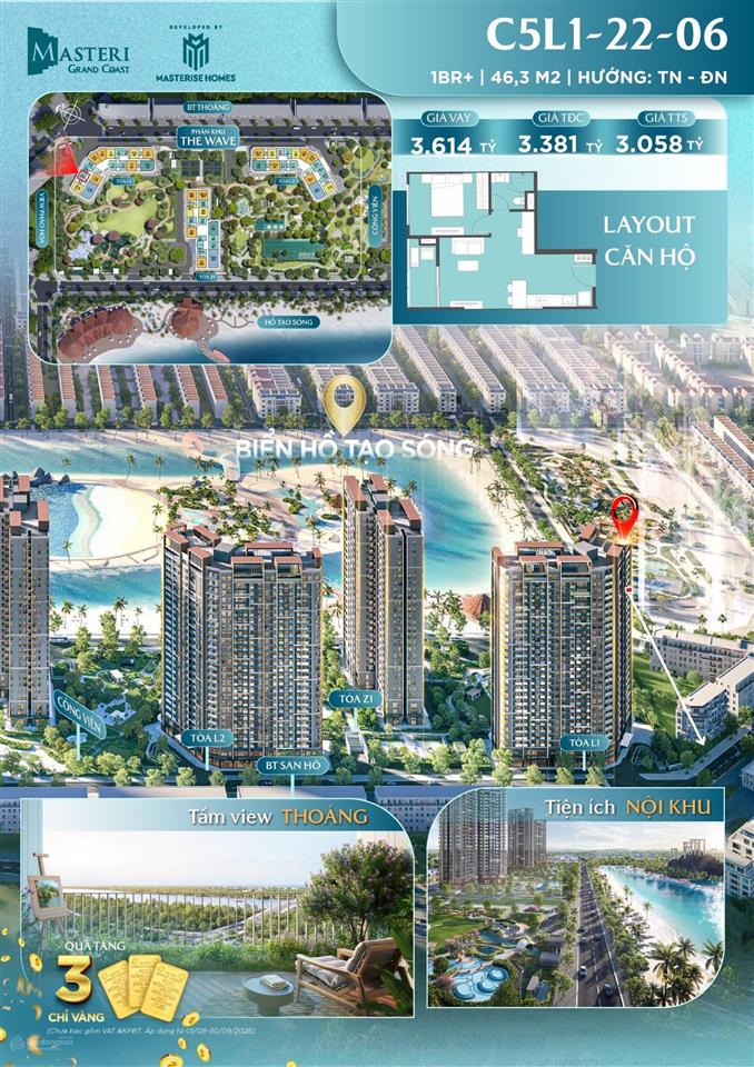 Chỉ 466 triệu vốn ban đầu cho căn hộ 1pn+, 1wc, 3,058 tỷ, 46,3m2 tại masteri grand coast