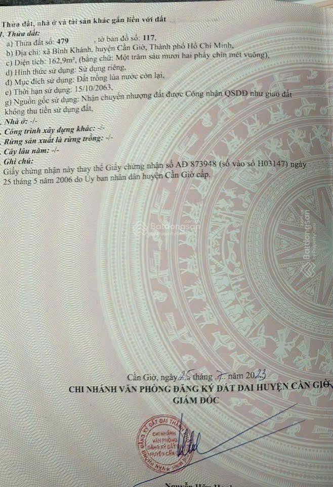 Chủ gửi bán lô đất xã bình khánh, cần giờ 550 triệu