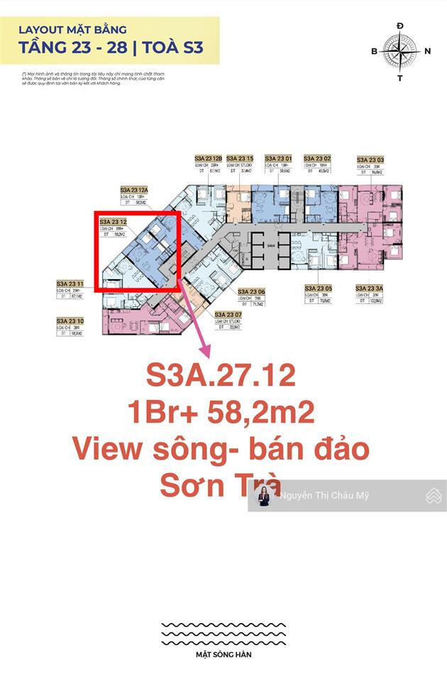 Châu mỹ căn 1pn+1 58,2m2 view sông cầu thuận phươc bán đảo sơn trà biển tầng cao 27 symphony