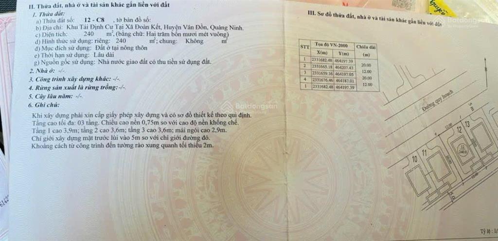 Bán gấp đất nền tại đoàn kết, vân đồn, quảng ninh, giá siêu hời 12,5 triệu / m2, 240 m2