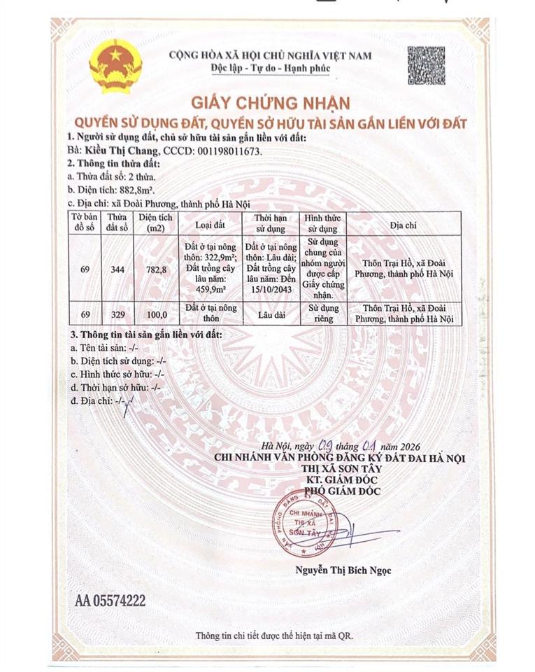 Bán 100m full thổ cư tại trại hồ, đoài phương, hà nội mt 5m, đường ô tô 5m