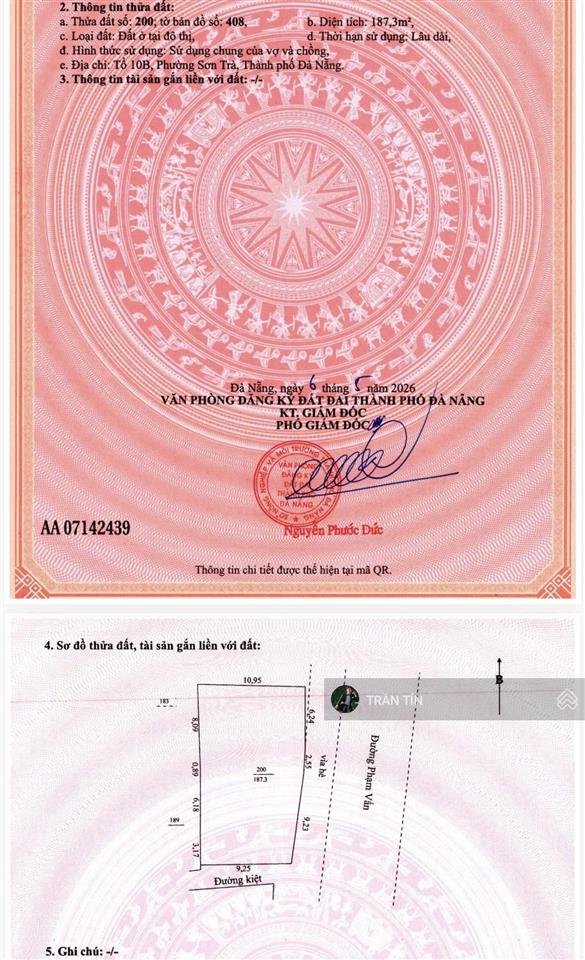 Lô đất mặt tiền đường phạm vấn. diện tích 187.3m2. mặt tiền ngang 18m rất bề thế