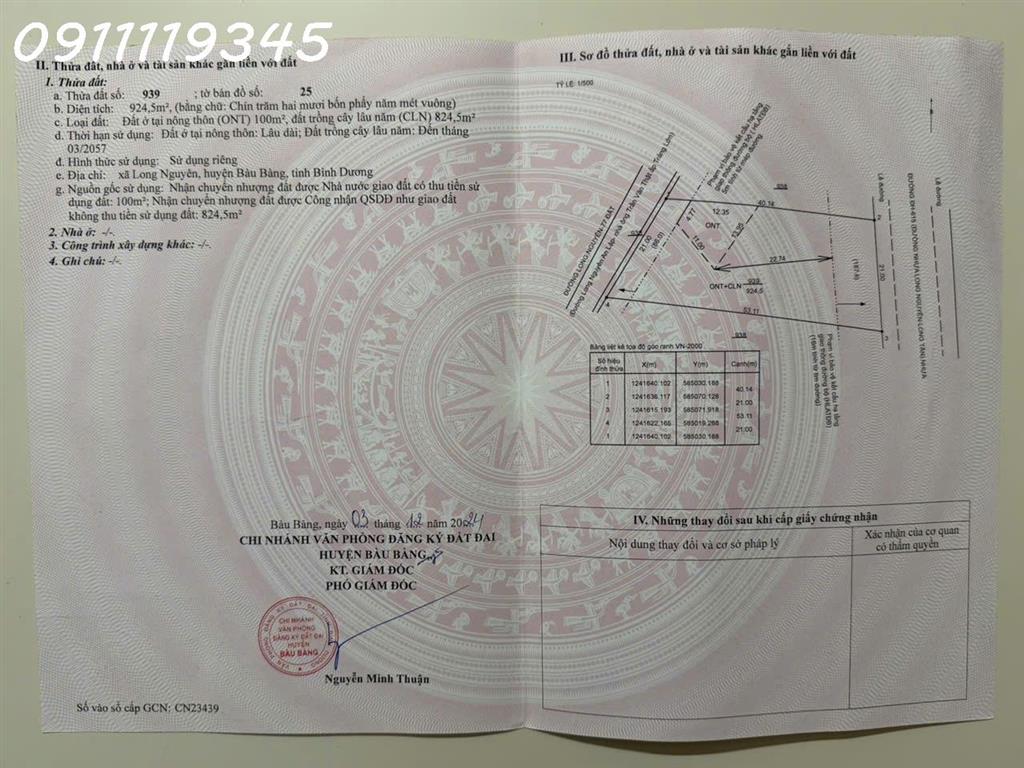 Chính chủ cần bán lô đất siêu đẹp 2 mặt tiền đường DH615, Long Nguyên, Bàu Bàng, 924,5 m2