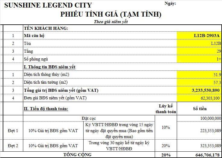 Chính chủ cần chuyển nhượng căn hộ 1PN+ CC Sunshine Legend City dt 51.9m2 giá tts 2.465 tỷ