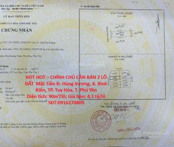 HOT HOT – CHÍNH CHỦ CẦN BÁN 2 LÔ ĐẤT Mặt Tiền Đ. Hùng Vương, X. Bình Kiến, TP. Tuy Hòa,