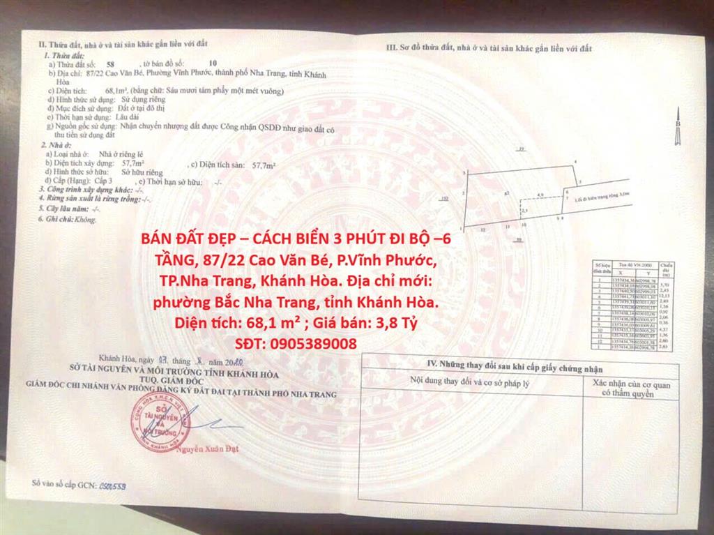BÁN ĐẤT ĐẸP – CÁCH BIỂN 3 PHÚT ĐI BỘ –6 TẦNG, Cao Văn Bé, P.Vĩnh Phước, TP.Nha Trang,