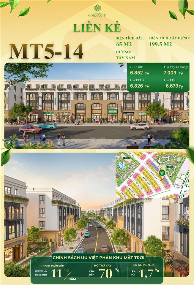 Bán liền kề mt514 vinhomes golden city 65m2, giá từ 4,650 tỷ