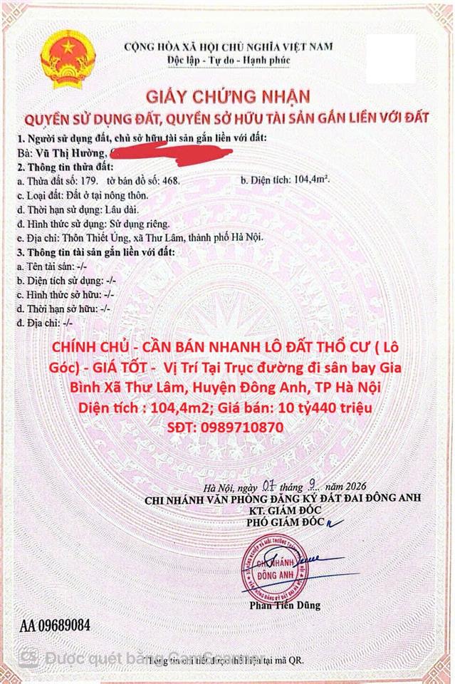 CHÍNH CHỦ - CẦN BÁN NHANH LÔ ĐẤT THỔ CƯ ( Lô Góc) - GIÁ TỐT - Vị Trí Tại Xã Thư Lâm,