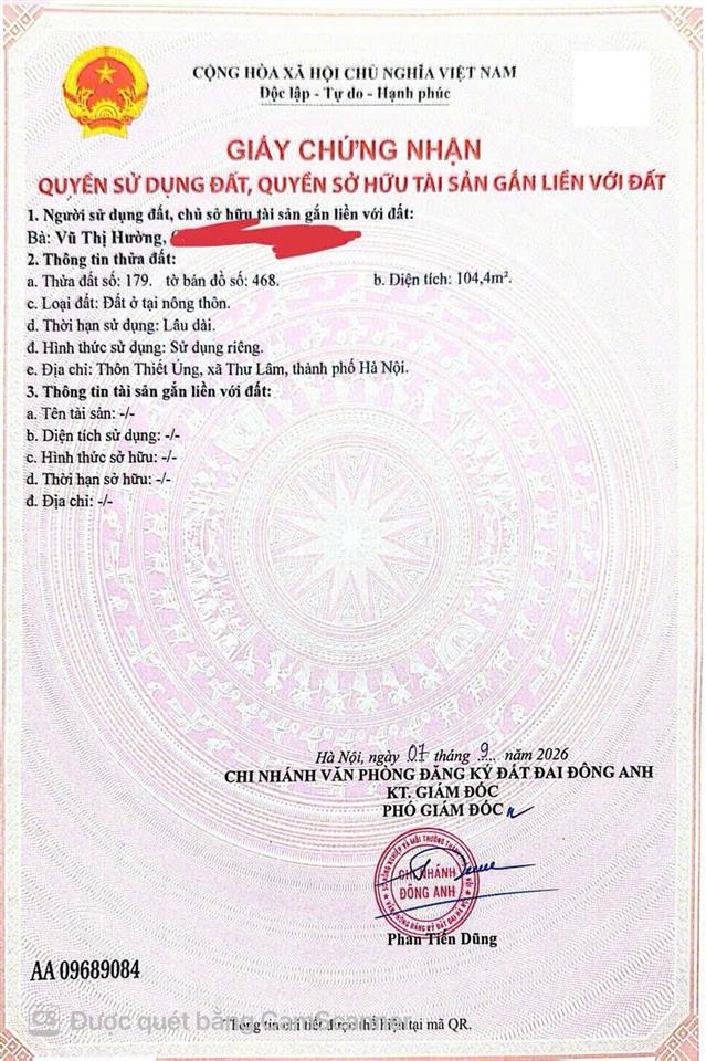 Chính chủcần bán nhanh lô đất thổ cư (lô góc) giá tốt vị trí tại xã thư lâm, đông anh, hà nội