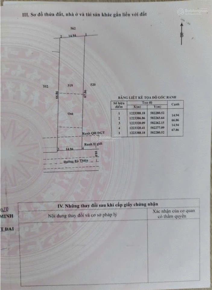 Bán gấp lô đất mt đường bà thiên, dt 1.000m, có 300m thổ, xã nhuận đức