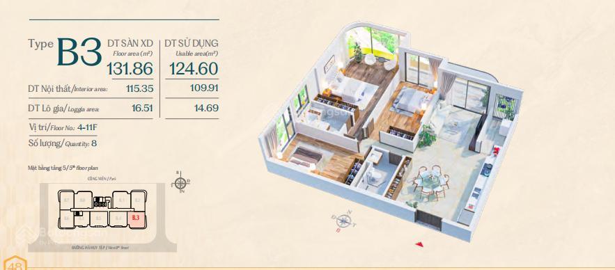 Bán rẻ căn góc 3pn type b3 dt 132m2 the sculptura pmh, view đông + nam hướng hồ bán nguyệt rất đẹp