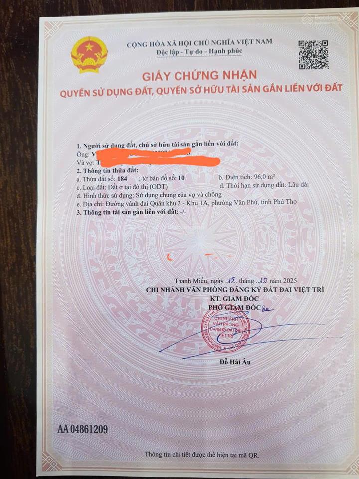 Bán gấp lô đất đẹp 96m2 vân phú mặt tiền nở hậu lộc phát gần đền hùng